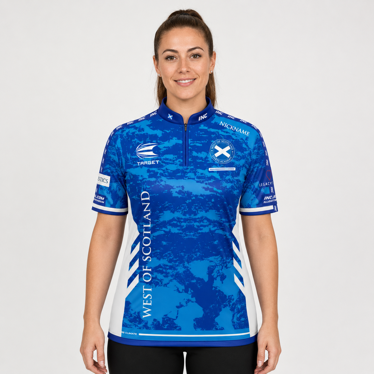 Front view of the Women's Official West of Scotland Darts Academy Shirt, showing the custom-contoured athletic fit and official branding on the chest.