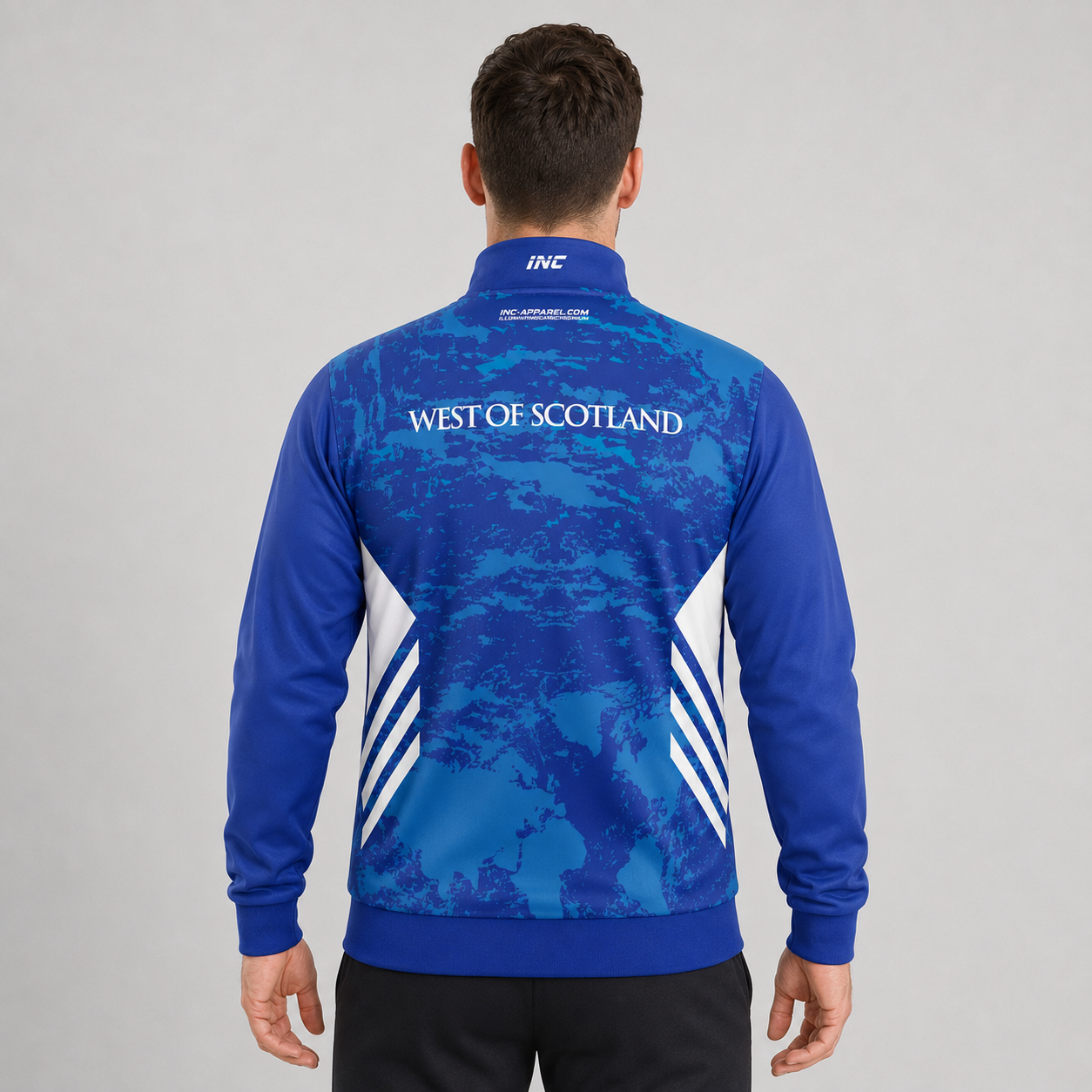 Back view of the unisex Official West of Scotland Darts Academy Tournament Jacket, showing the clean team color panels and comfortable outer-shell design across the shoulders.