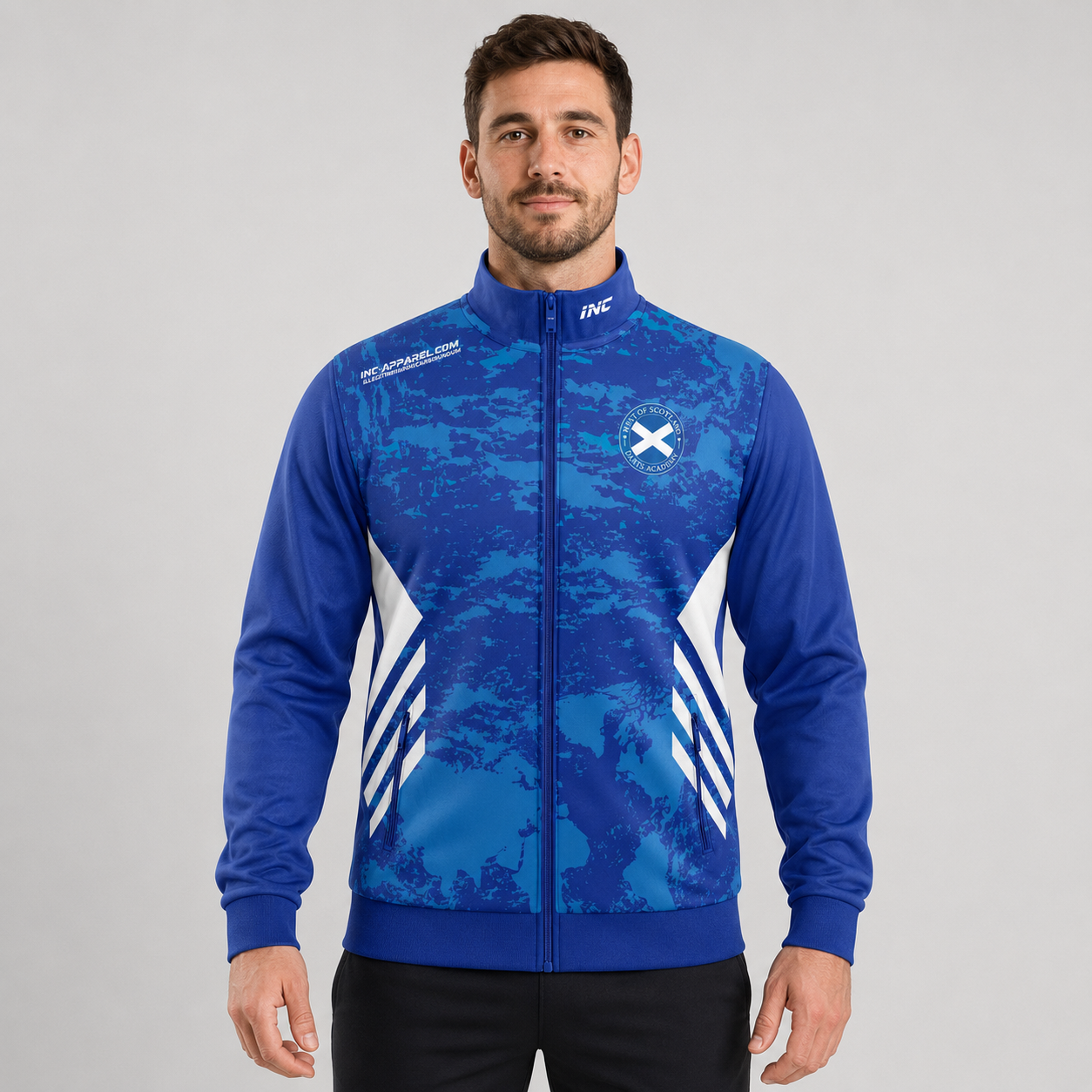 Front view of the unisex Official West of Scotland Darts Academy Tournament Jacket, highlighting the sleek full-zip design, athletic collar, and prominent official academy branding.