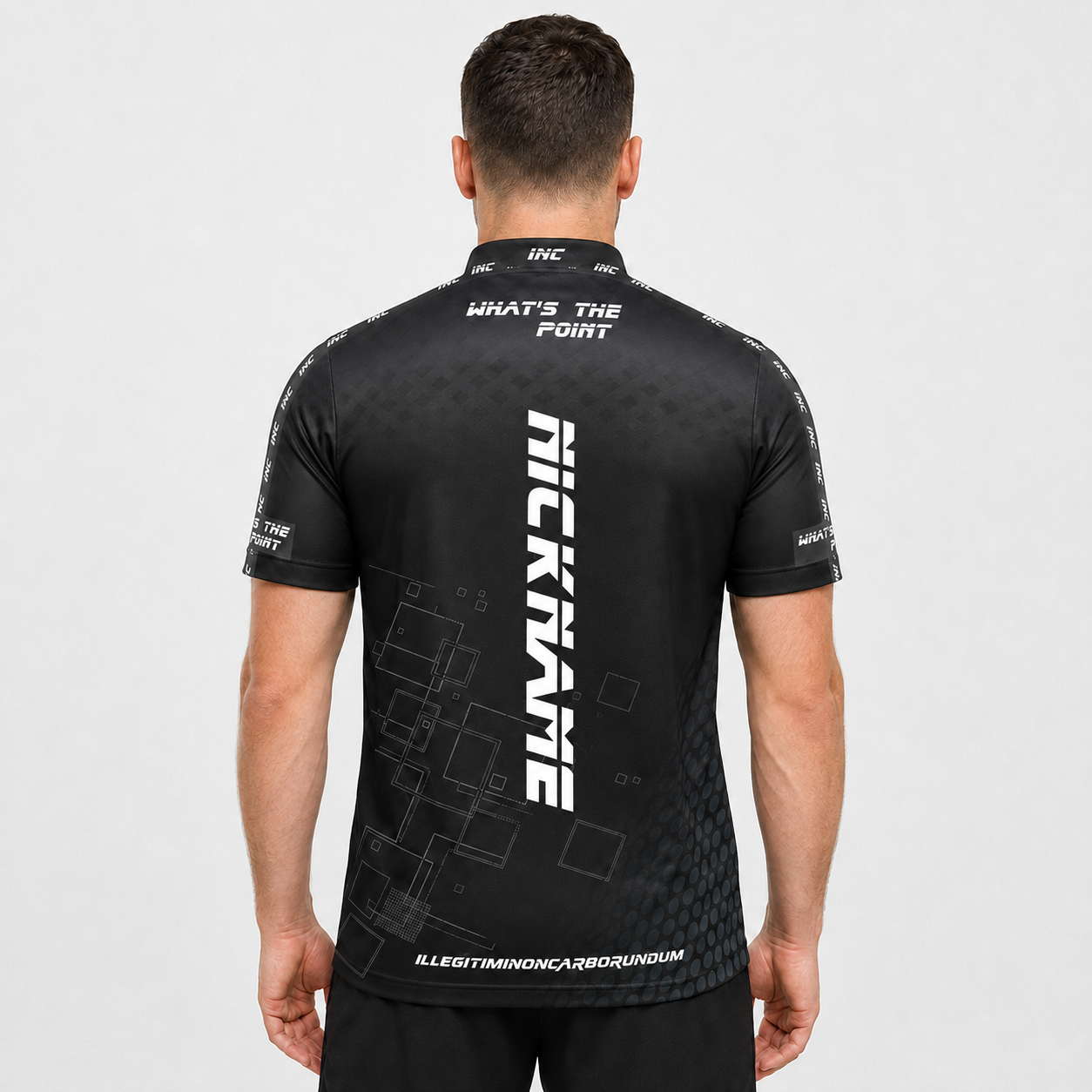 Back view of the Men and Youth Official What's The Point Darts Shirt, showcasing the clean athletic fit and unrestricted shoulder construction.