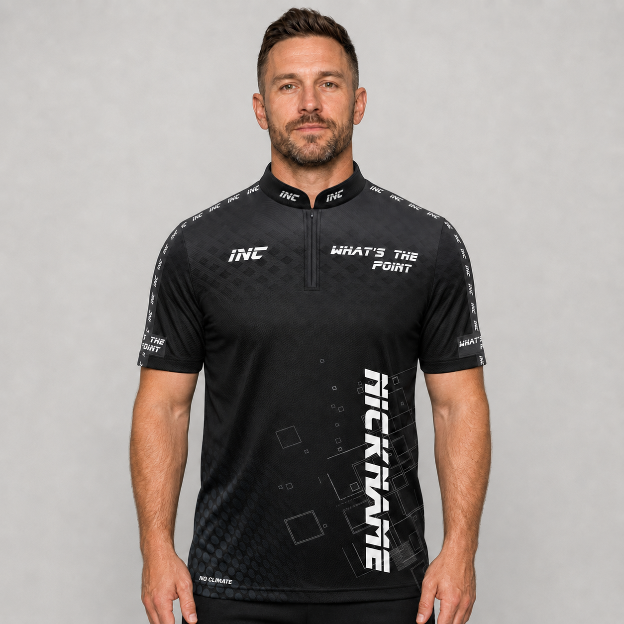 Front view of the Men and Youth Official What's The Point Darts Shirt, showing the dynamic team styling, professional collar, and sharp sublimated graphics.