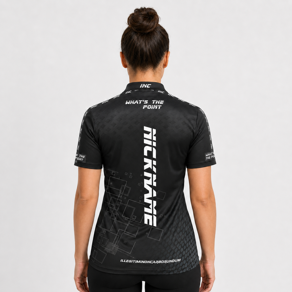 Back view of the Women's Official What's The Point Darts Shirt, showcasing the seamless flow of the sublimated team design across the shoulders