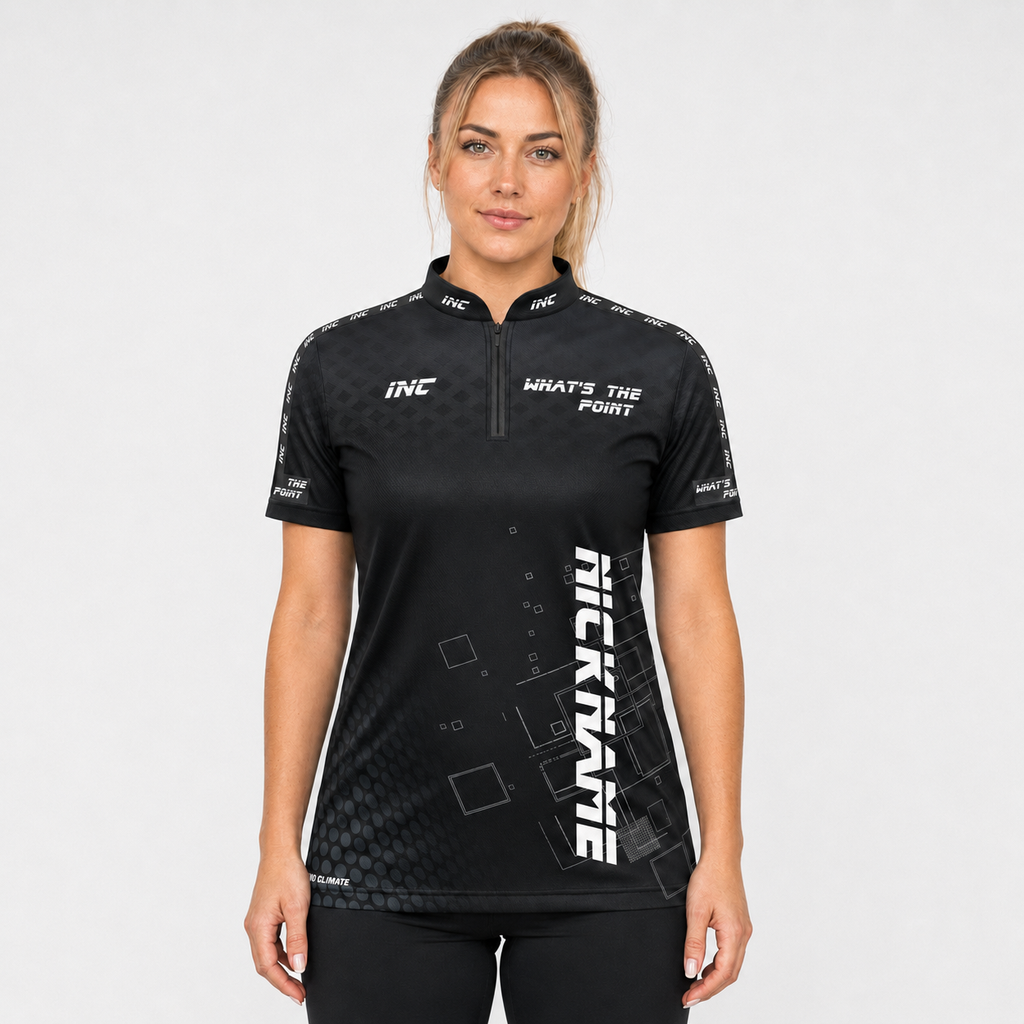 Front view of the Women's Official What's The Point Darts Shirt, showing the custom-contoured athletic fit and official branding on the chest.
