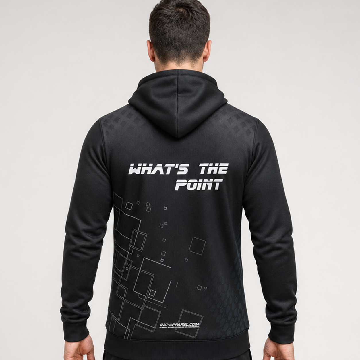 Back view of the unisex Official What's The Point Hoodie, showcasing the clean fit and double-lined hood architecture.