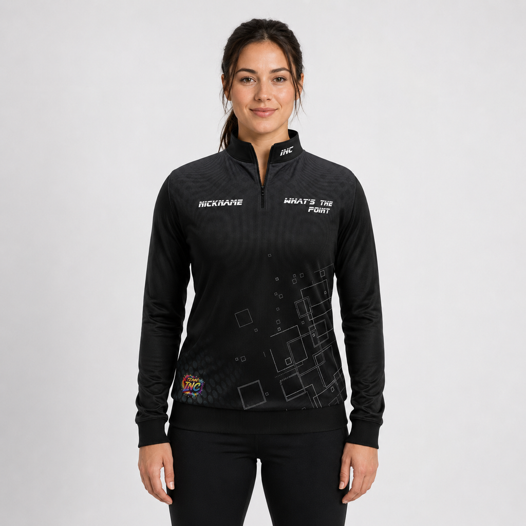 Front view of the unisex Official What's The Point Quarter Zip Midlayer, highlighting the athletic team styling, stand-up collar, and official team crest.