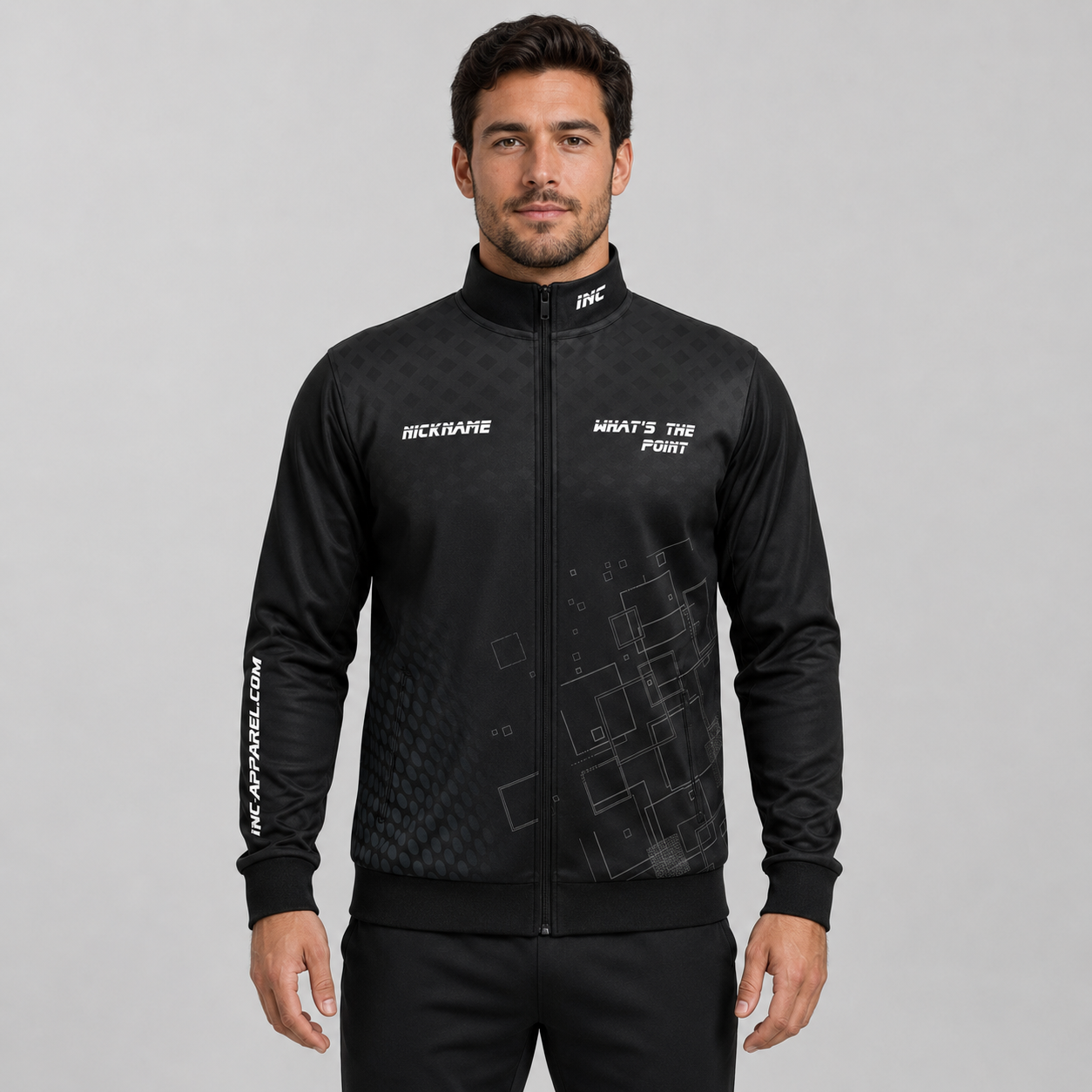 Front view of the unisex Official What's The Point Tournament Jacket, highlighting the sleek full-zip design, athletic collar, and prominent official branding.
