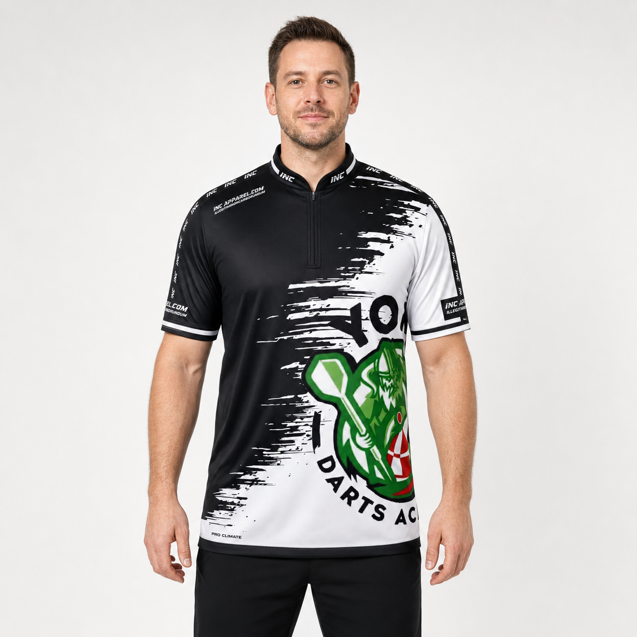 Front view of the Men and Youth Official York Darts Academy Darts Shirt, showing the dynamic team styling, professional collar, and sharp sublimated graphics.