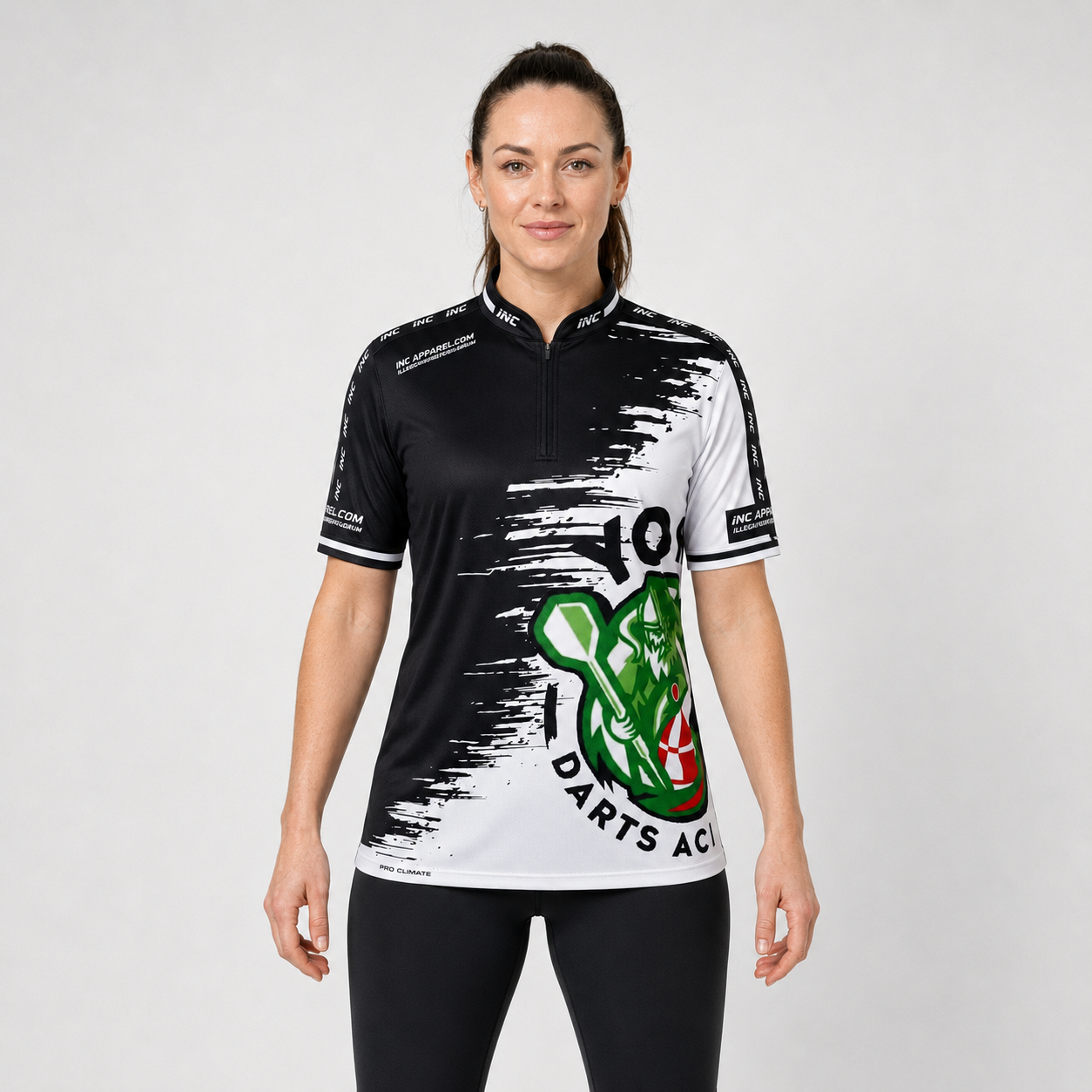 Front view of the Women's Official York Darts Academy Darts Shirt, showing the custom-contoured athletic fit and official branding on the chest.