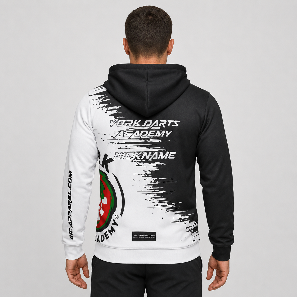 Back view of the unisex Official York Darts Academy Hoodie, showcasing the clean fit and double-lined hood architecture.