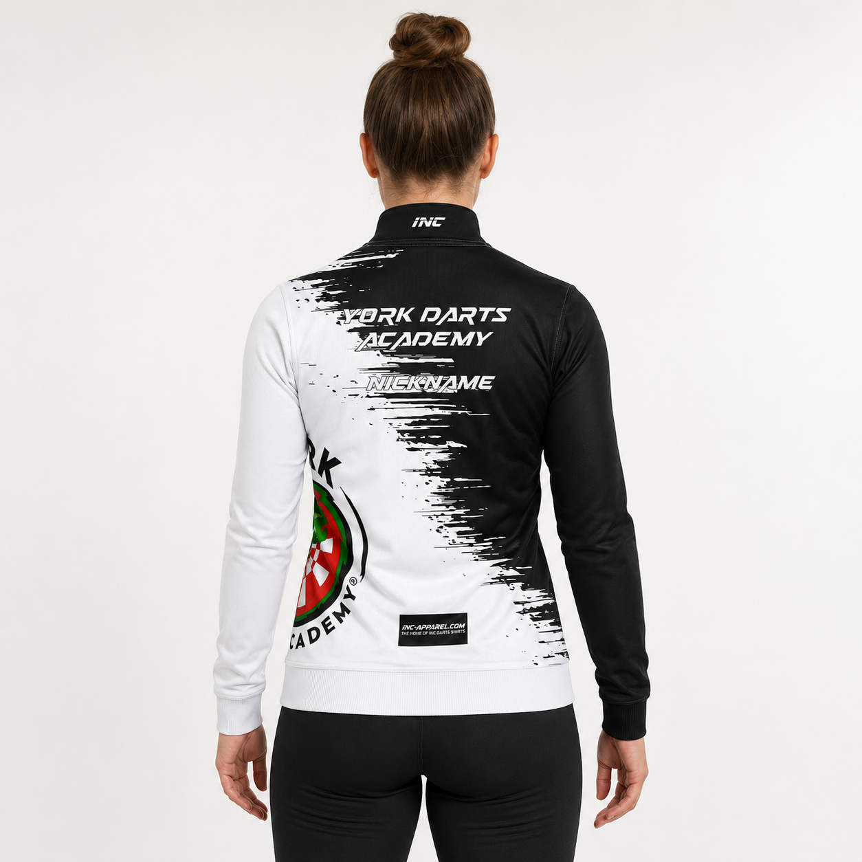 Back view of the unisex Official York Darts Academy Quarter Zip Midlayer, showcasing the clean athletic silhouette and flexible shoulder construction.