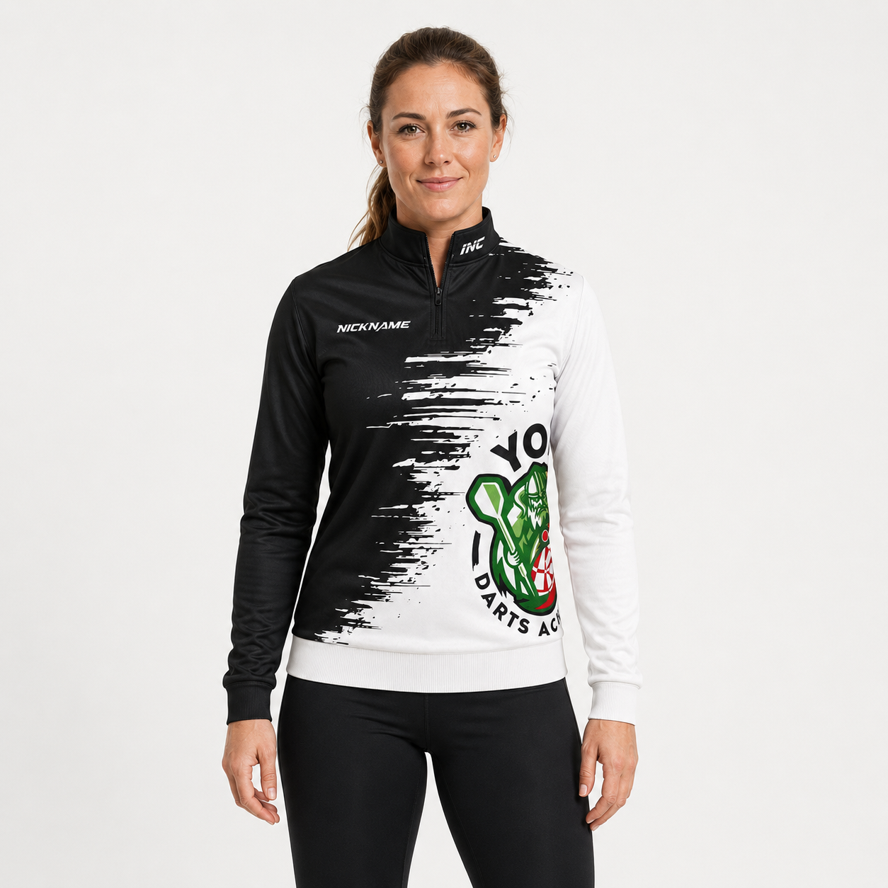 Front view of the unisex Official York Darts Academy Quarter Zip Midlayer, highlighting the athletic team styling, stand-up collar, and official academy crest.