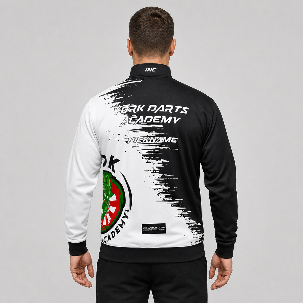Back view of the unisex Official York Darts Academy Tournament Jacket, showing the clean team color panels and comfortable outer-shell design across the shoulders.