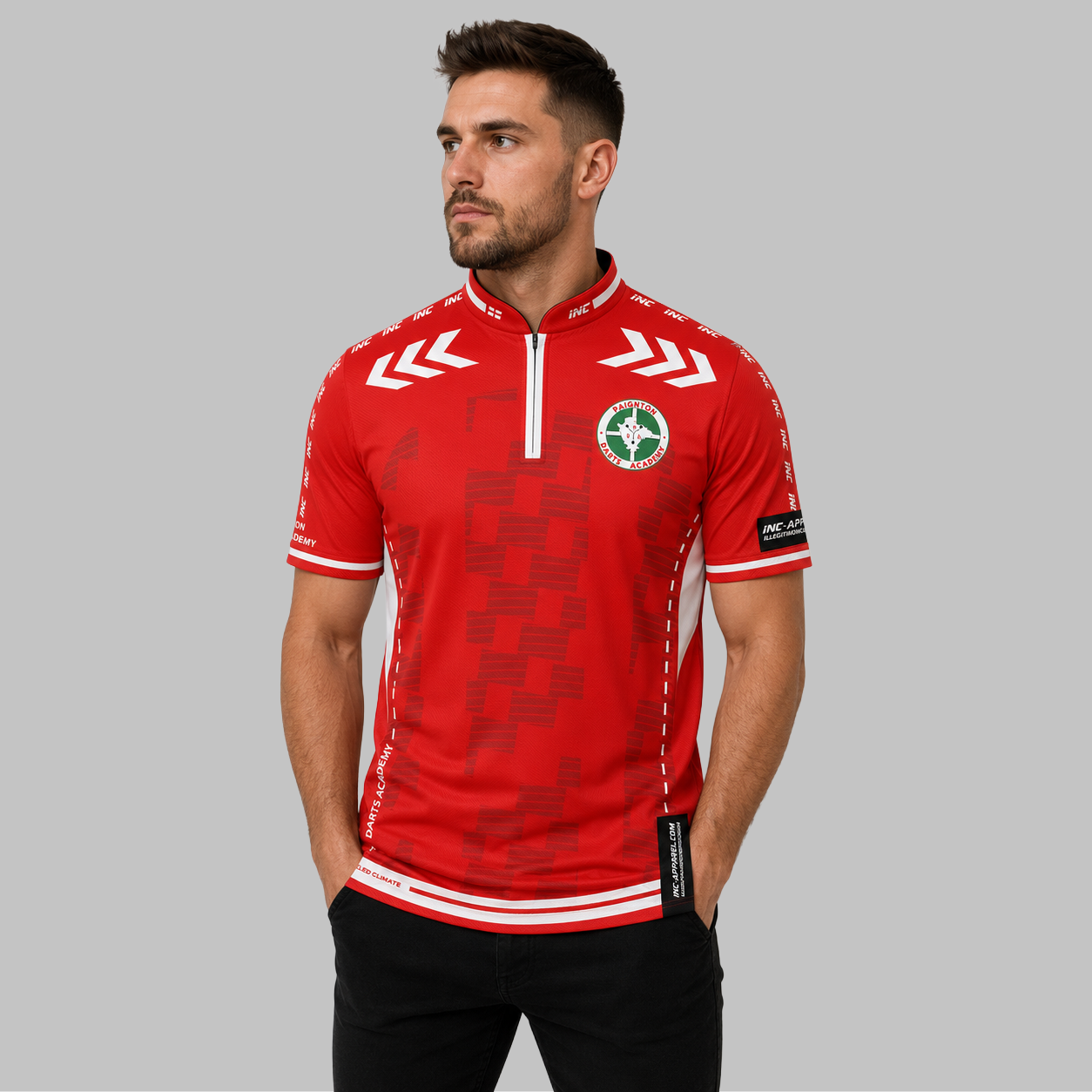 Front view of the Men and Youth Paignton Darts Academy Darts Shirt, showing the dynamic team colors, professional athletic collar, and official academy crest.