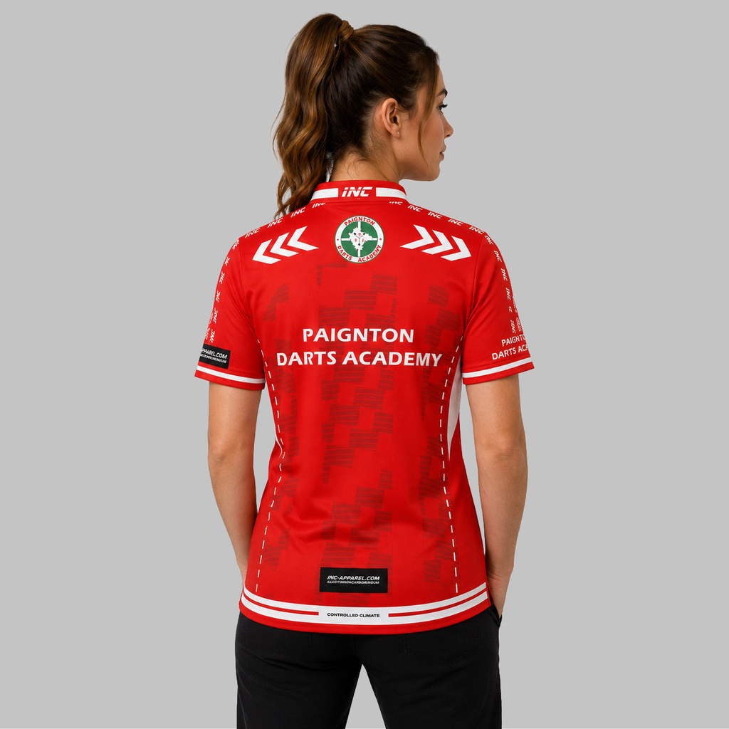 Back view of the Women's Paignton Darts Academy Darts Shirt, showcasing the seamless flow of the sublimated team design across the shoulders.