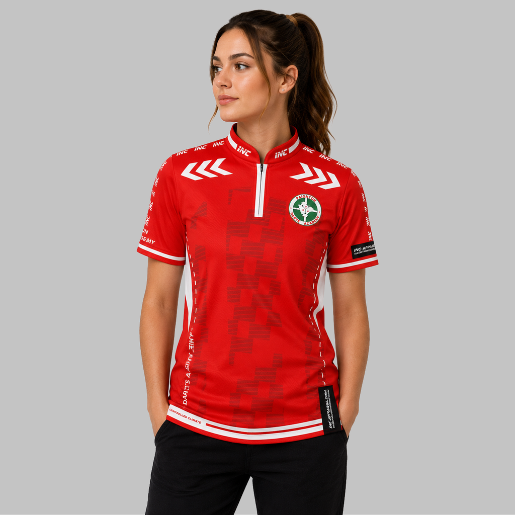 Front view of the Women's Paignton Darts Academy Darts Shirt, showing the custom-contoured athletic fit and official academy crest on the chest.