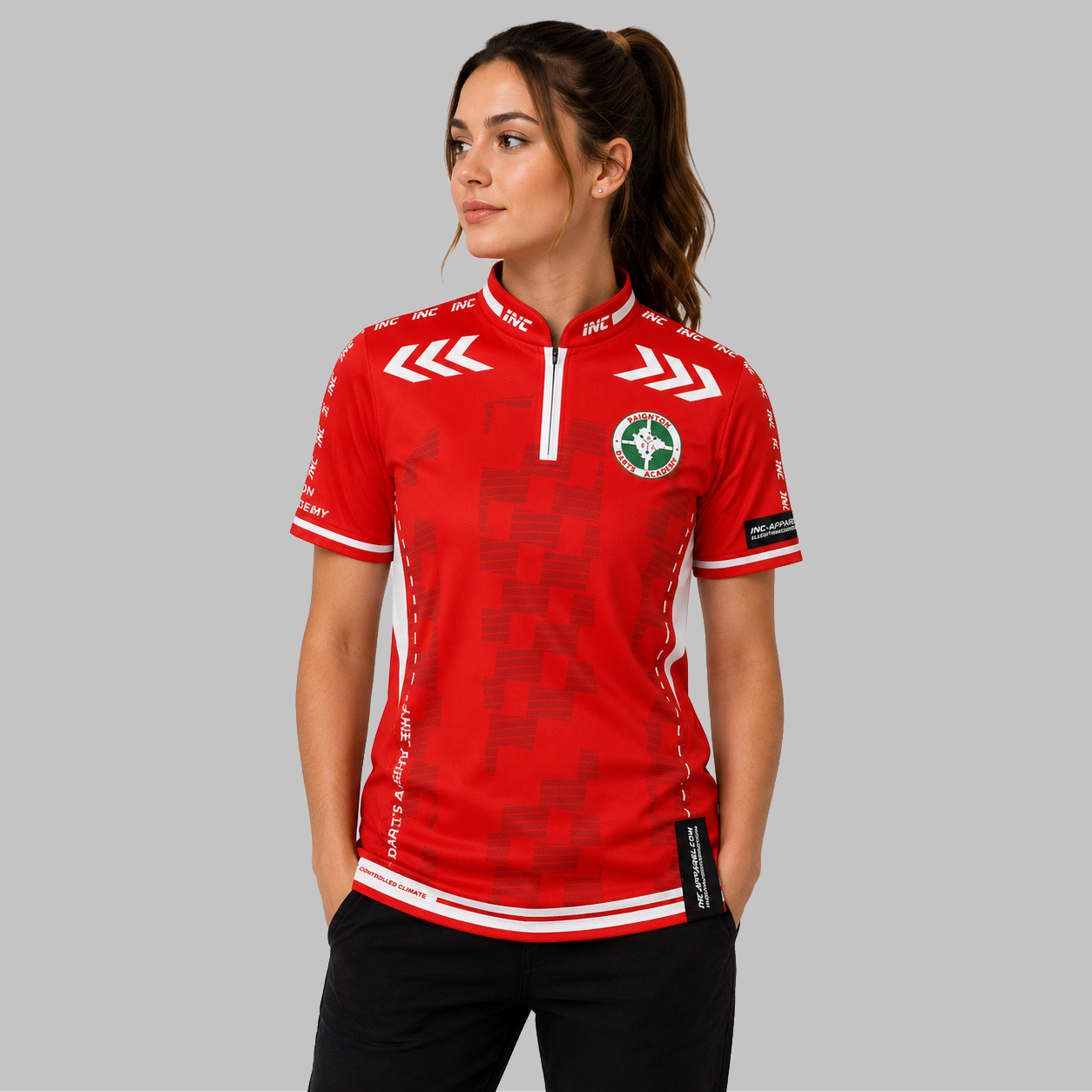 Front view of the Women's Paignton Darts Academy Darts Shirt, showing the custom-contoured athletic fit and official academy crest on the chest.