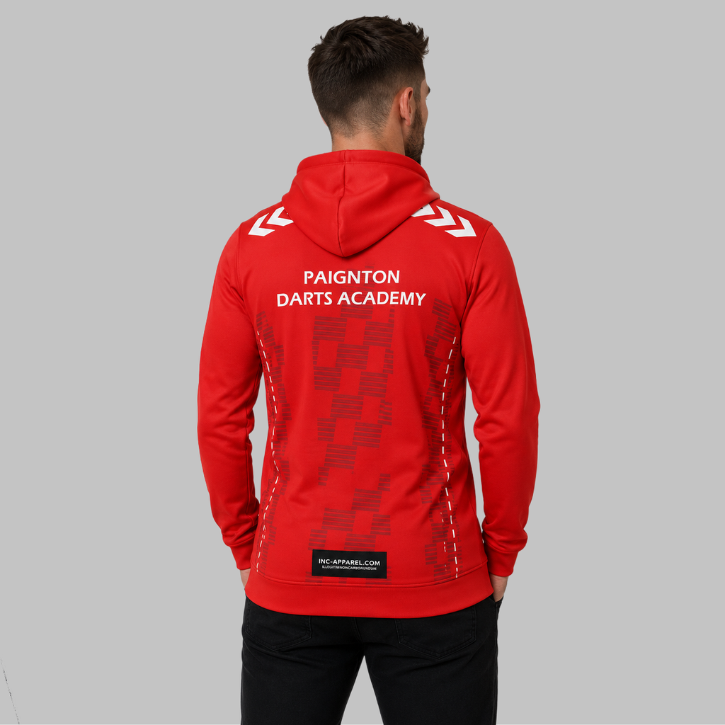 Back view of the unisex Paignton Darts Academy Hoodie, showcasing the clean fit and double-lined hood architecture.