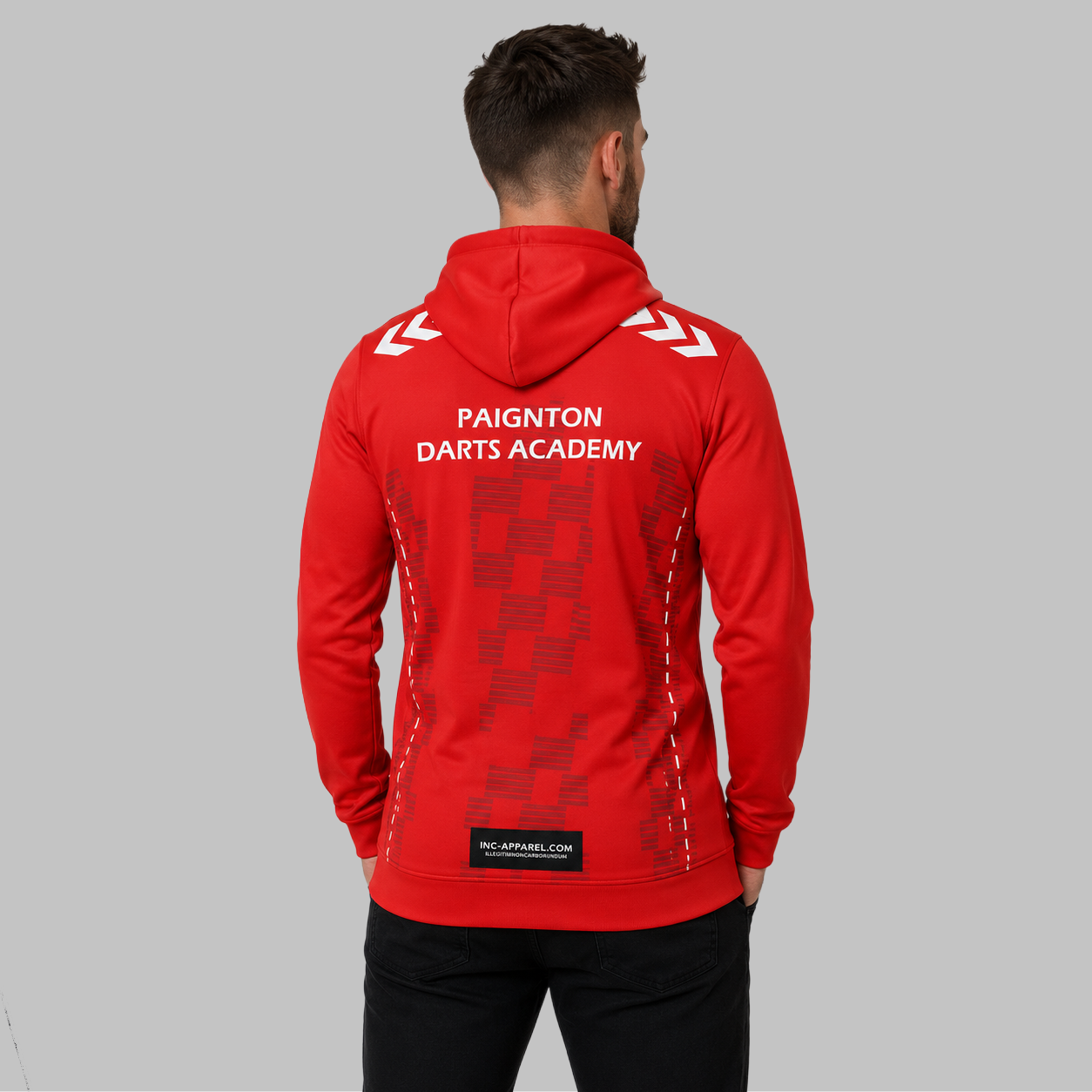 Back view of the unisex Paignton Darts Academy Hoodie, showcasing the clean fit and double-lined hood architecture.