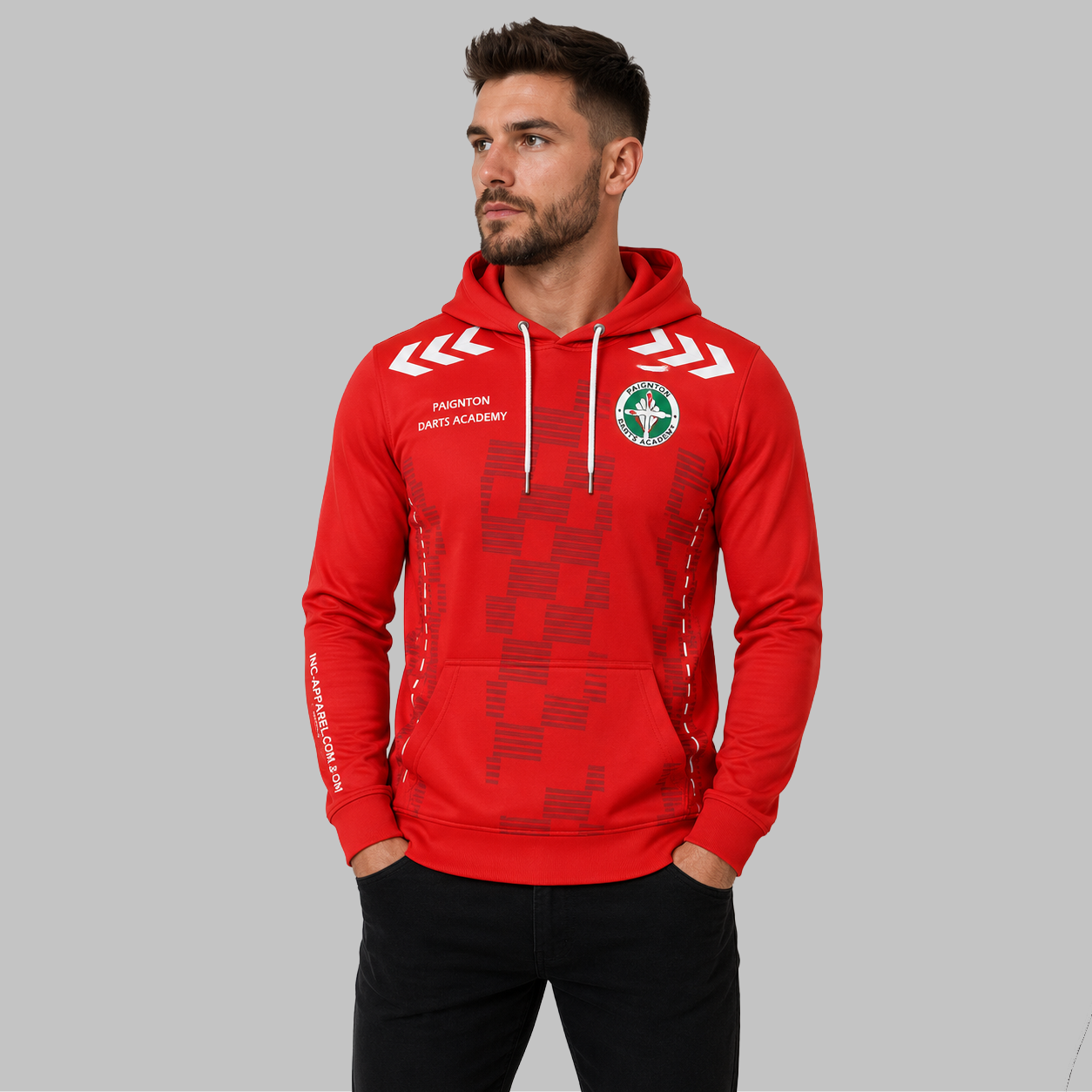 Front view of the unisex Paignton Darts Academy Hoodie, highlighting the cozy fleece design and bold official academy crest across the chest.