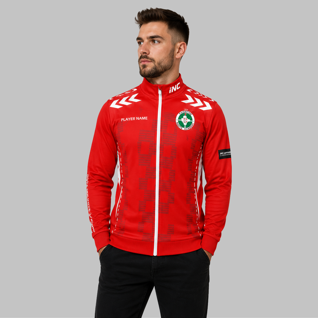 Front view of the unisex Paignton Darts Academy Tournament Jacket, highlighting the sleek full-zip design, athletic collar, and prominent official academy crest.