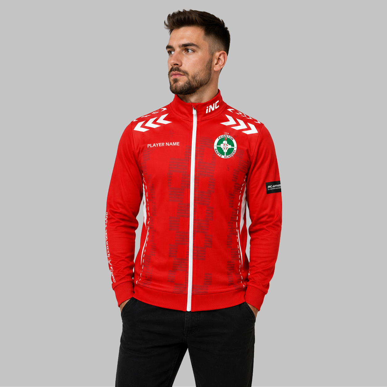 Front view of the unisex Paignton Darts Academy Tournament Jacket, highlighting the sleek full-zip design, athletic collar, and prominent official academy crest.