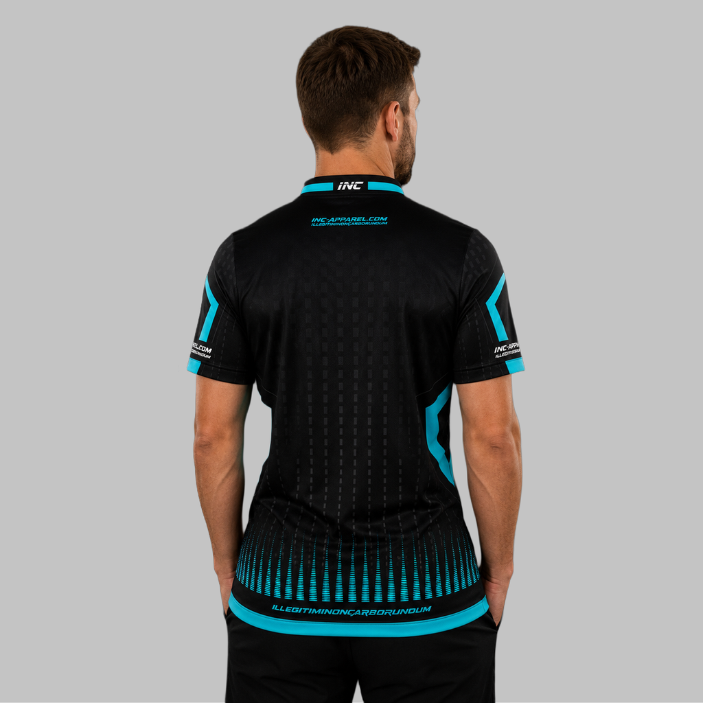 Back view of the Men and Youth Praecisio black and blue darts and pool shirt, showing the clean, continuous flow of the high-contrast blue and black graphic design across the shoulders.
