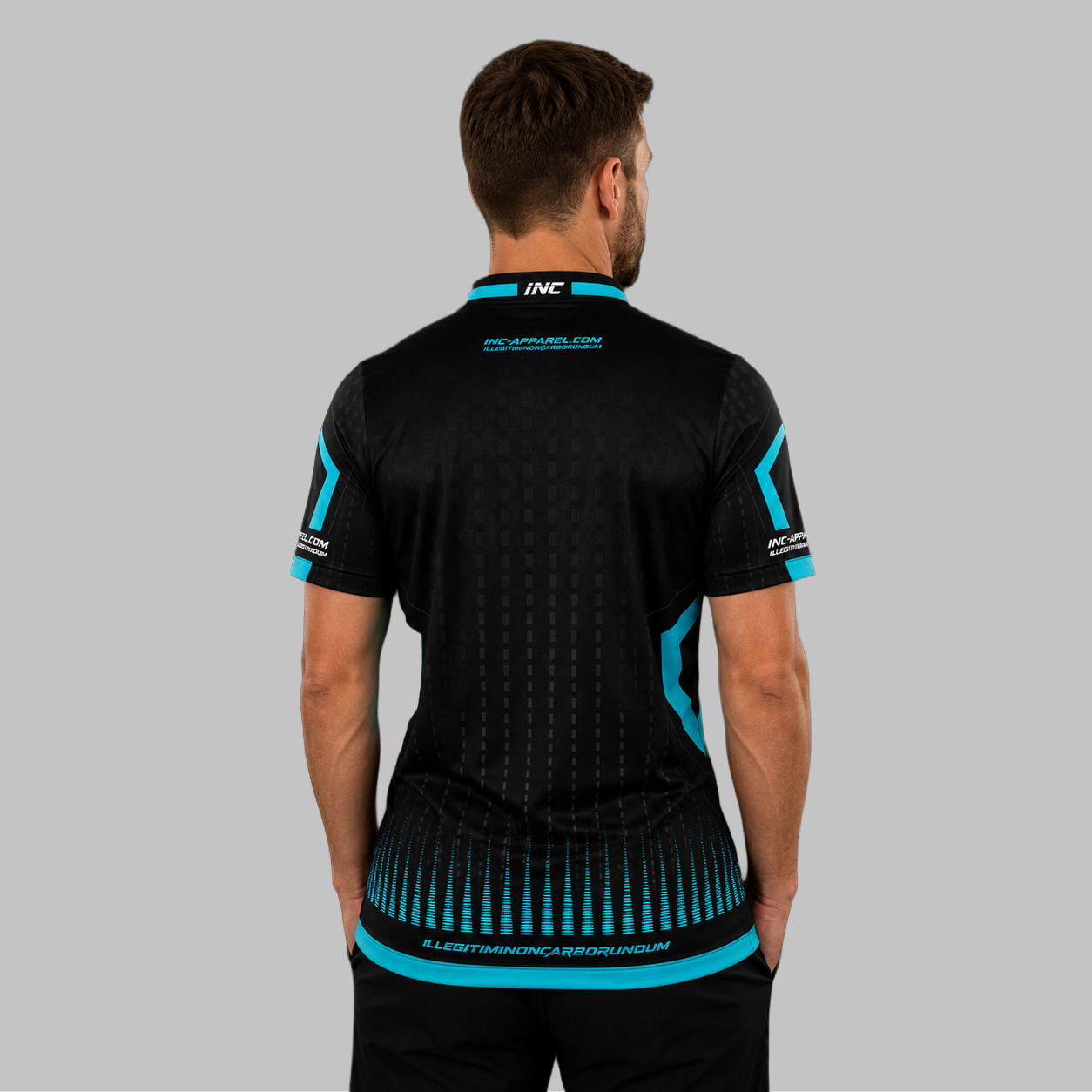 Back view of the Men and Youth Praecisio black and blue darts and pool shirt, showing the clean, continuous flow of the high-contrast blue and black graphic design across the shoulders.