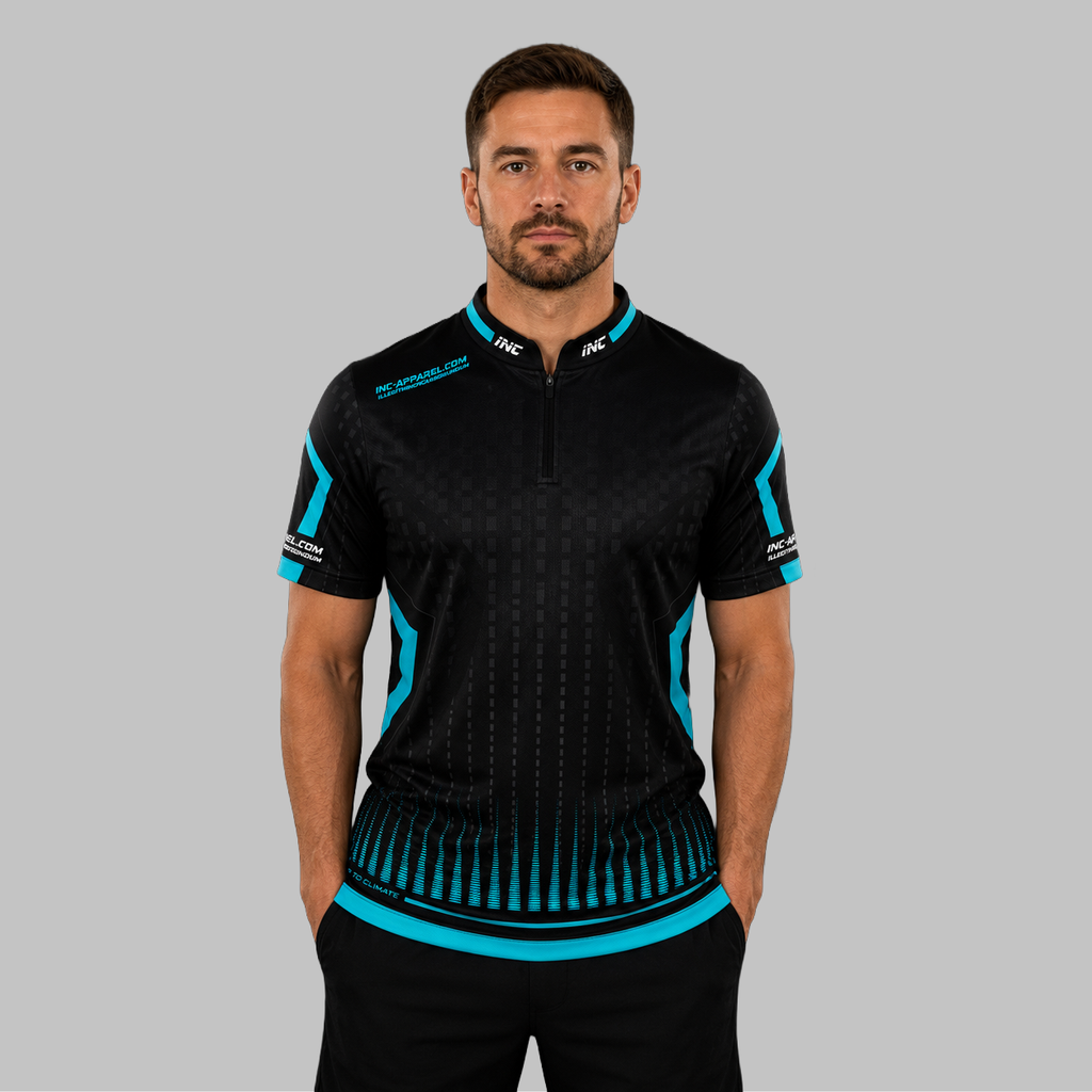 Front view of the Men and Youth Praecisio black and blue darts and pool shirt, showcasing the dynamic athletic jersey design with its sharp, vibrant geometric layout.