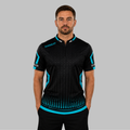 Front view of the Men and Youth Praecisio black and blue darts and pool shirt, showcasing the dynamic athletic jersey design with its sharp, vibrant geometric layout.