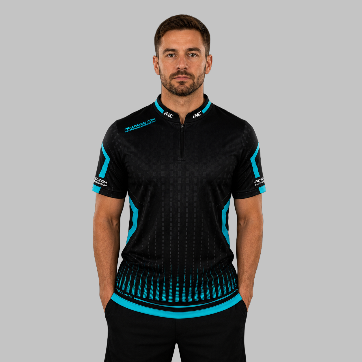 Front view of the Men and Youth Praecisio black and blue darts and pool shirt, showcasing the dynamic athletic jersey design with its sharp, vibrant geometric layout.