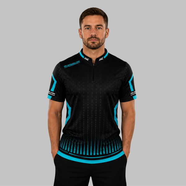 Front view of the Men and Youth Praecisio black and blue darts and pool shirt, showcasing the dynamic athletic jersey design with its sharp, vibrant geometric layout.