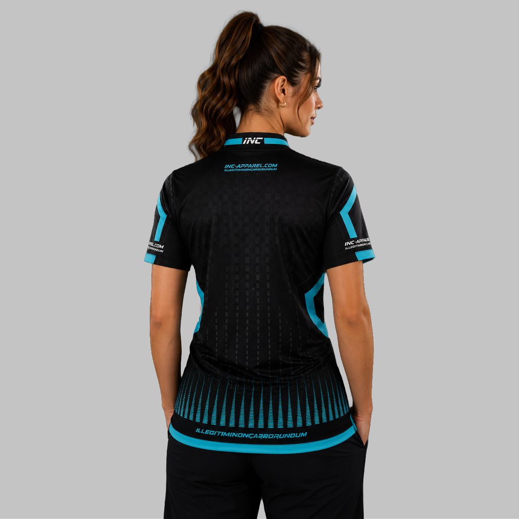Back view of the Women's Praecisio black and blue darts and pool shirt, highlighting the seamless and clean continuation of the vibrant blue and black graphic pattern across the shoulders.