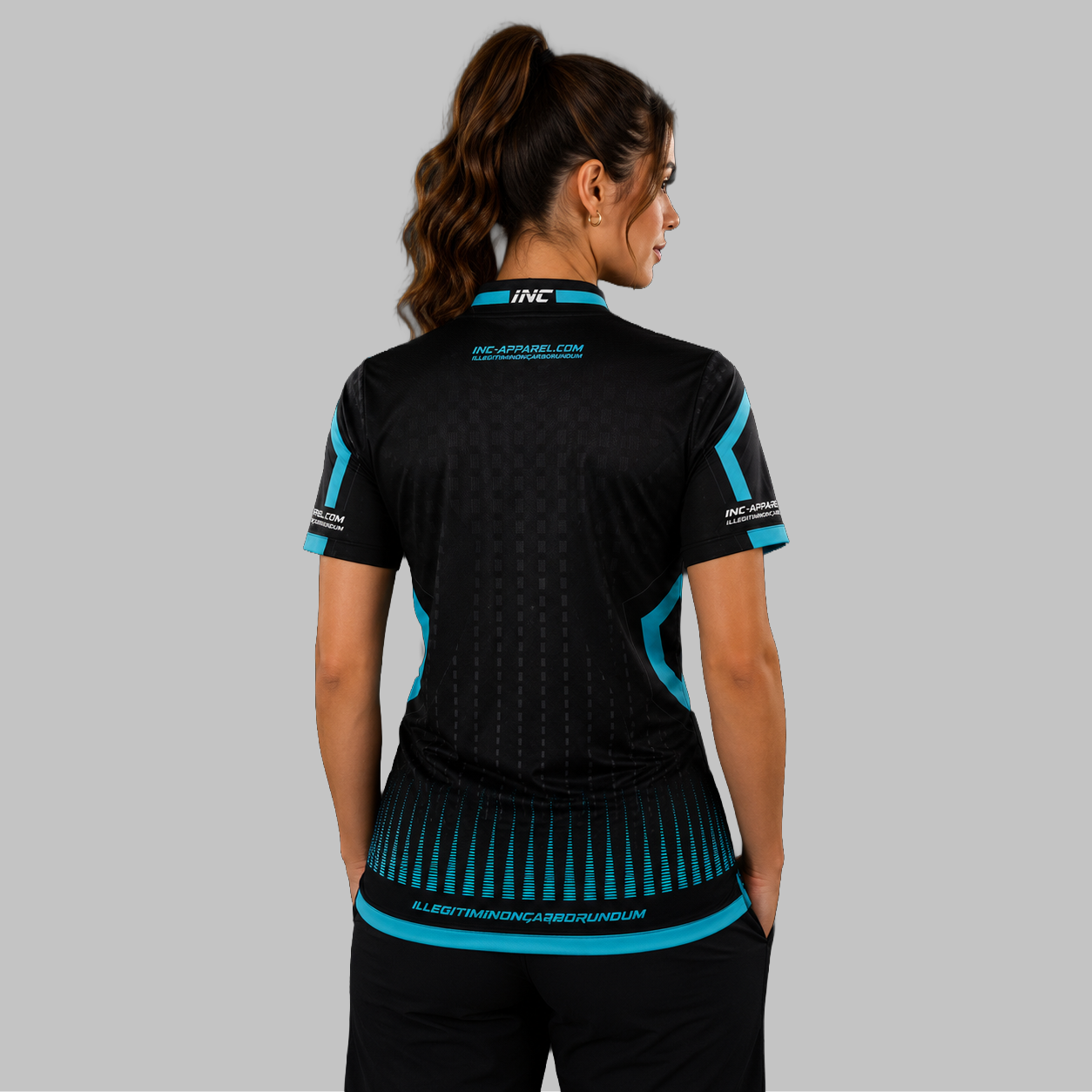 Back view of the Women's Praecisio black and blue darts and pool shirt, highlighting the seamless and clean continuation of the vibrant blue and black graphic pattern across the shoulders.