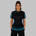 Front view of the Women's Praecisio black and blue darts and pool shirt, showcasing the custom-tailored athletic jersey layout with its sharp, high-contrast geometric design.