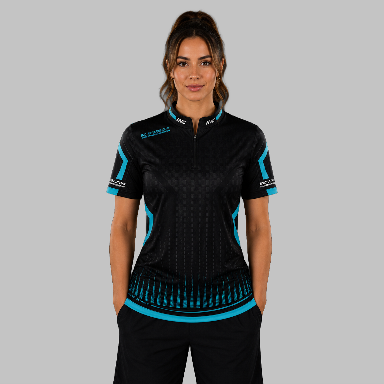 Front view of the Women's Praecisio black and blue darts and pool shirt, showcasing the custom-tailored athletic jersey layout with its sharp, high-contrast geometric design.