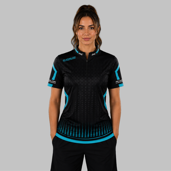 Front view of the Women's Praecisio black and blue darts and pool shirt, showcasing the custom-tailored athletic jersey layout with its sharp, high-contrast geometric design.