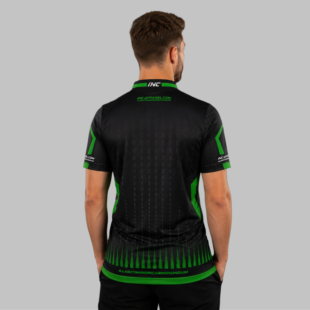 Back view of the Men and Youth Praecisio black and green darts and pool shirt, showing the clean, continuous flow of the high-contrast graphic design across the shoulders.