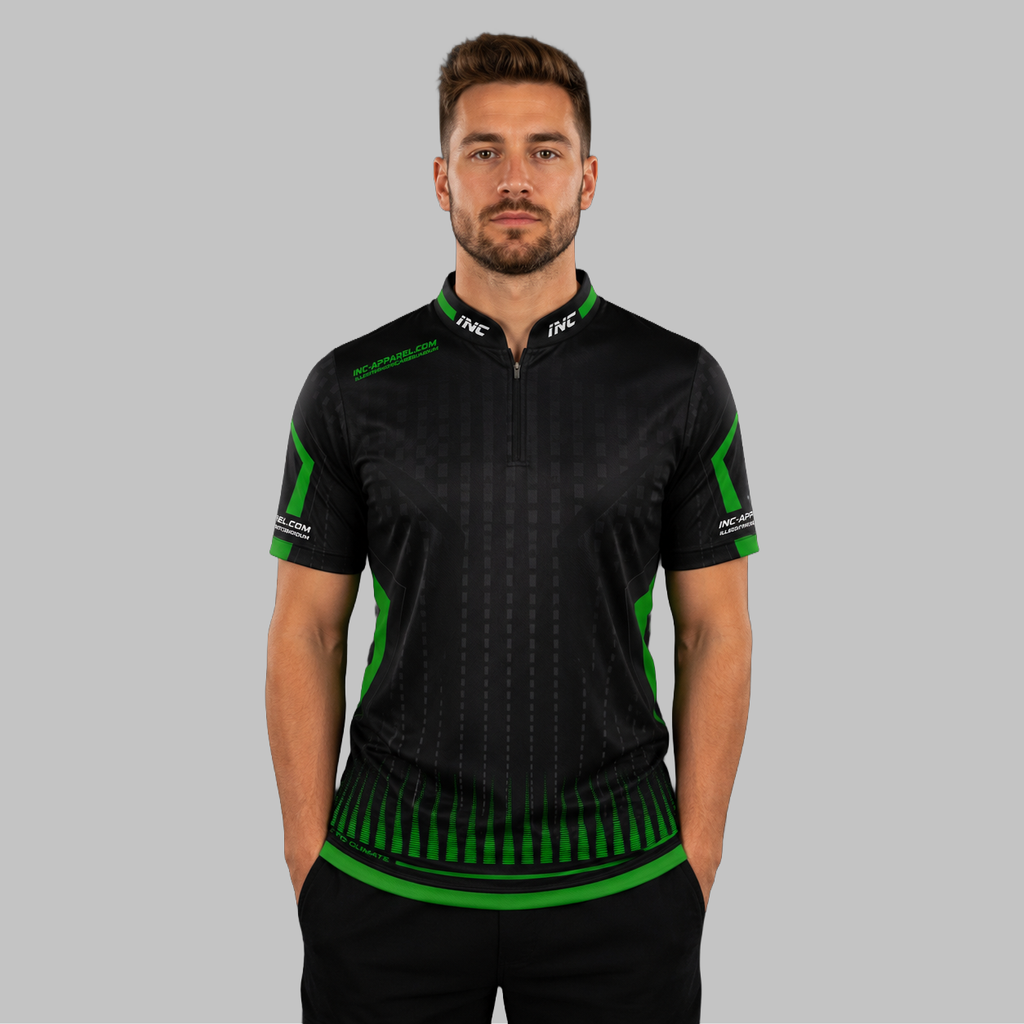 Front view of the Men and Youth Praecisio black and green darts and pool shirt, showcasing the dynamic athletic jersey design with its sharp, vibrant geometric layout.