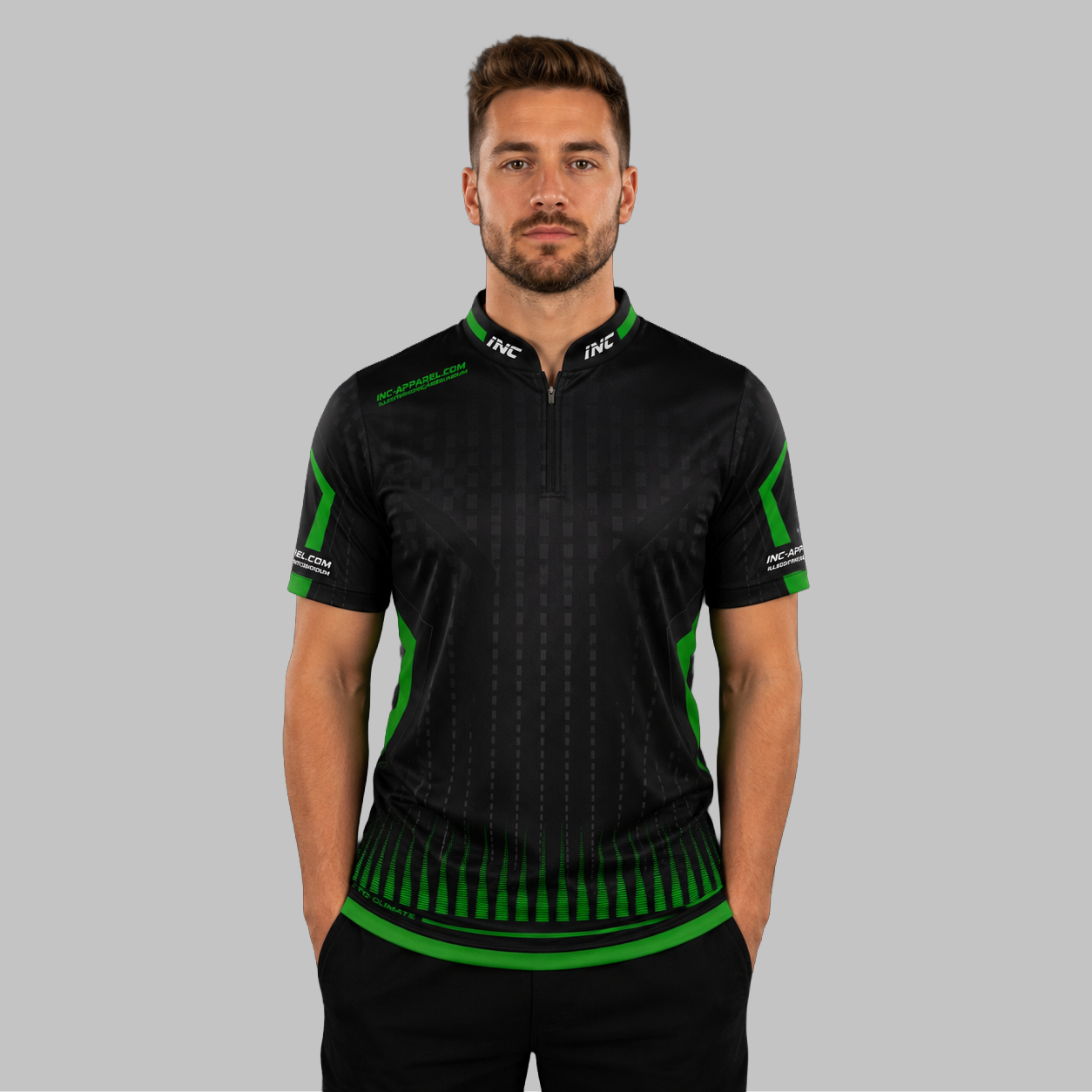 Front view of the Men and Youth Praecisio black and green darts and pool shirt, showcasing the dynamic athletic jersey design with its sharp, vibrant geometric layout.