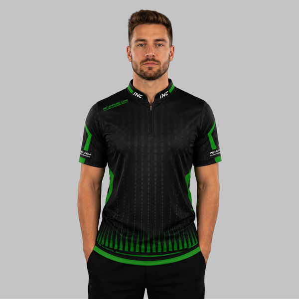 Front view of the Men and Youth Praecisio black and green darts and pool shirt, showcasing the dynamic athletic jersey design with its sharp, vibrant geometric layout.