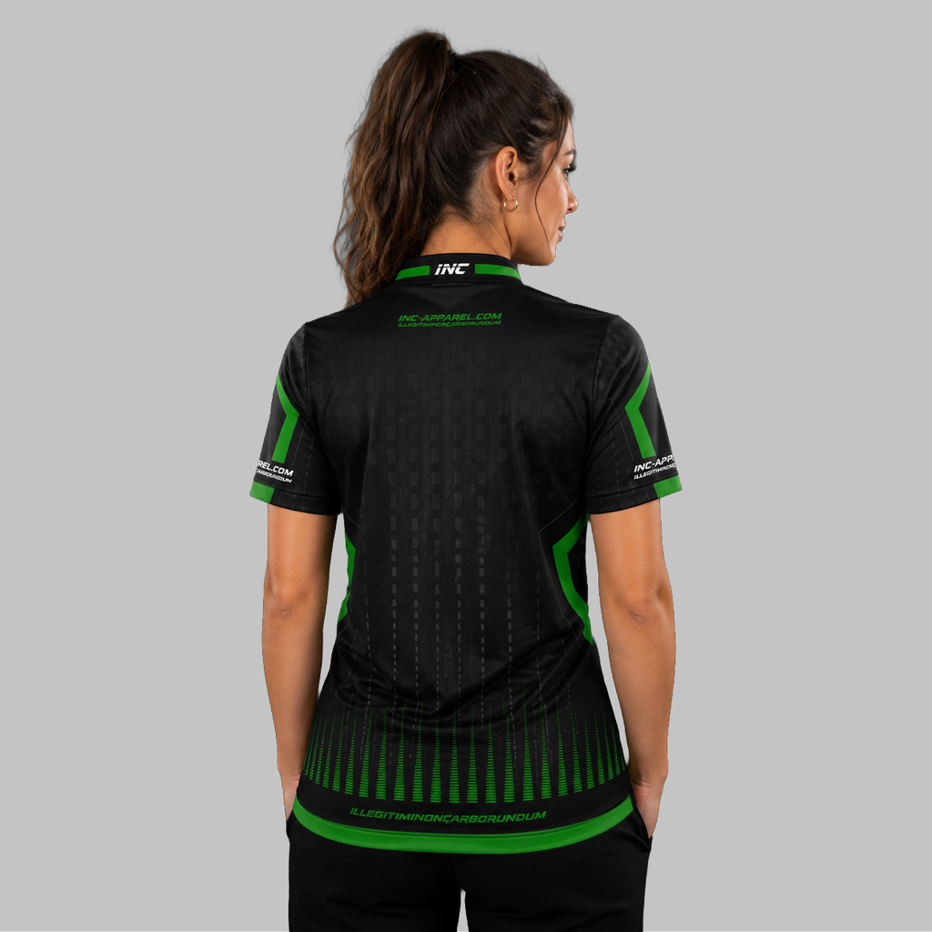 Back view of the Women's Praecisio black and green darts and pool shirt, highlighting the seamless and clean continuation of the vibrant green and black graphic pattern across the shoulders.
