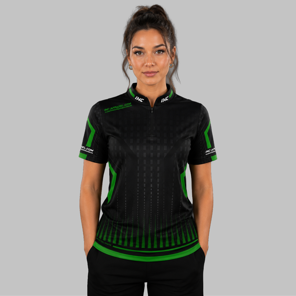 Front view of the Women's Praecisio black and green darts and pool shirt, showcasing the custom-tailored athletic jersey layout with its sharp, high-contrast geometric design.