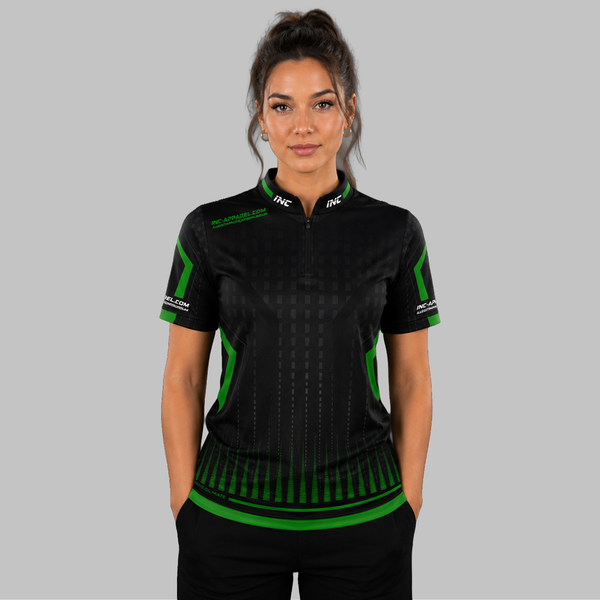 Front view of the Women's Praecisio black and green darts and pool shirt, showcasing the custom-tailored athletic jersey layout with its sharp, high-contrast geometric design.