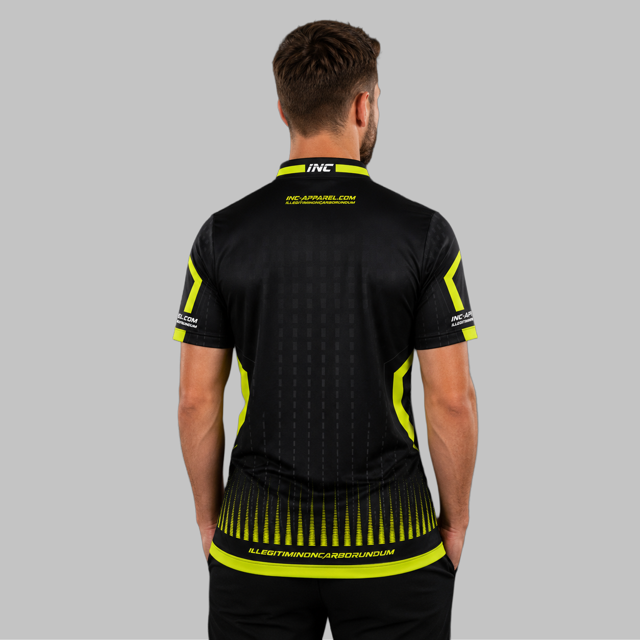 Back view of the Men and Youth Praecisio black and lime green darts and pool shirt, showing the clean, continuous flow of the high-contrast graphic design across the shoulders.