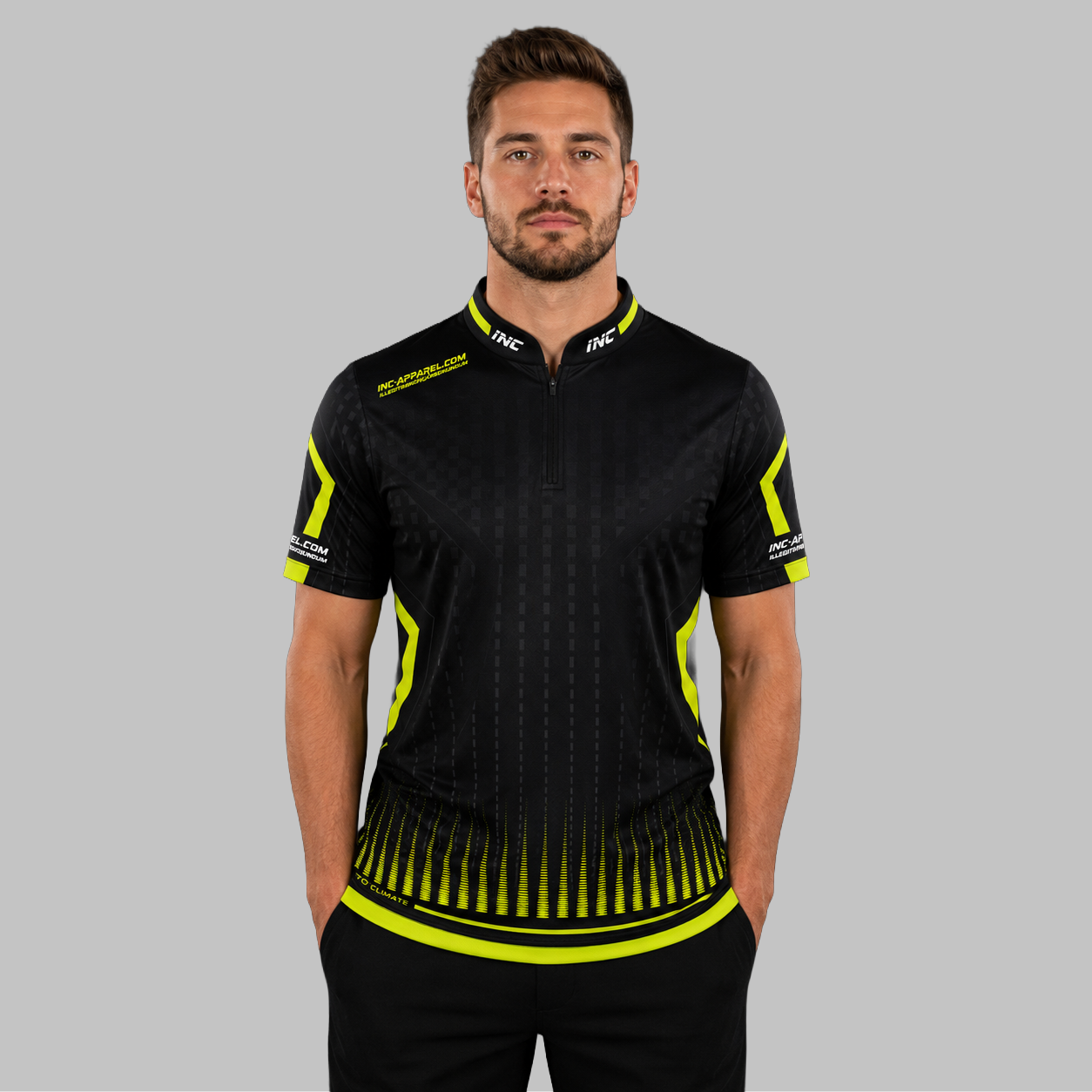 Front view of the Men and Youth Praecisio black and lime green darts and pool shirt, showcasing the dynamic athletic jersey design with its sharp, vibrant geometric layout.