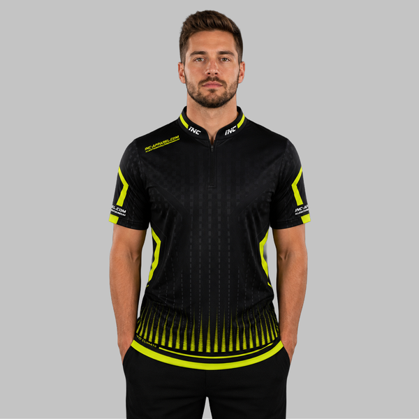 Front view of the Men and Youth Praecisio black and lime green darts and pool shirt, showcasing the dynamic athletic jersey design with its sharp, vibrant geometric layout.