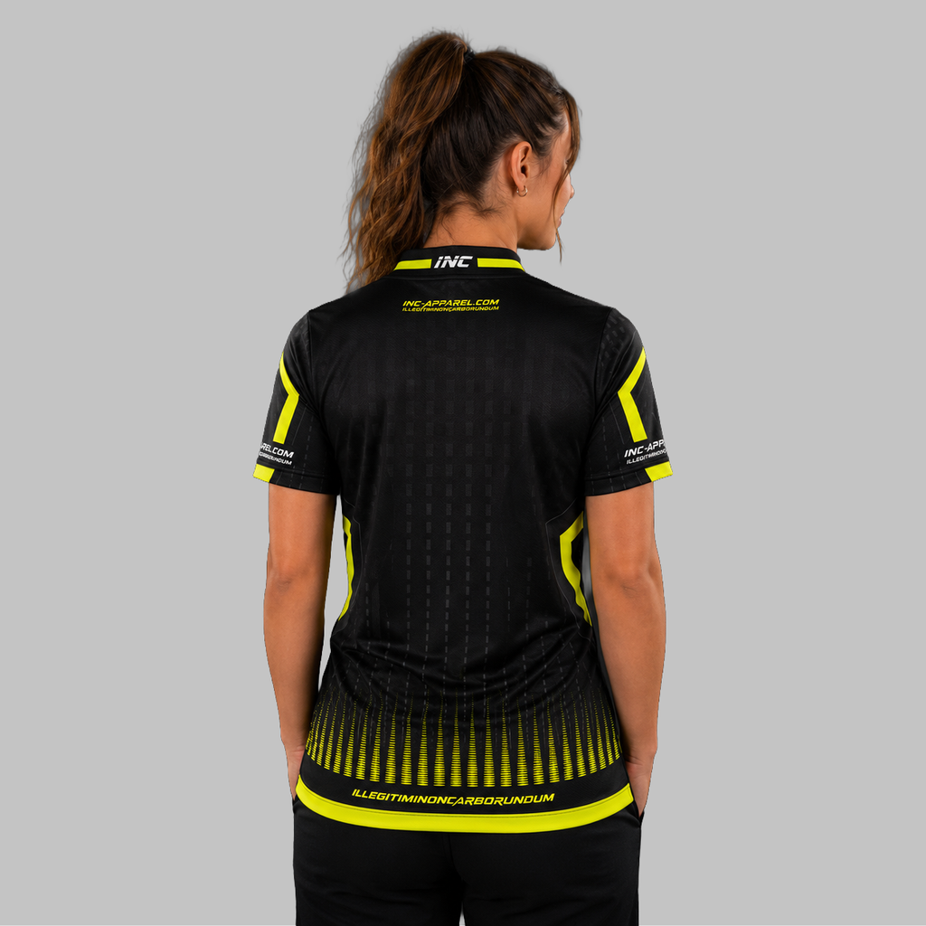 Back view of the Women's Praecisio black and lime green darts and pool shirt, highlighting the seamless and clean continuation of the vibrant lime green and black graphic pattern across the shoulders.