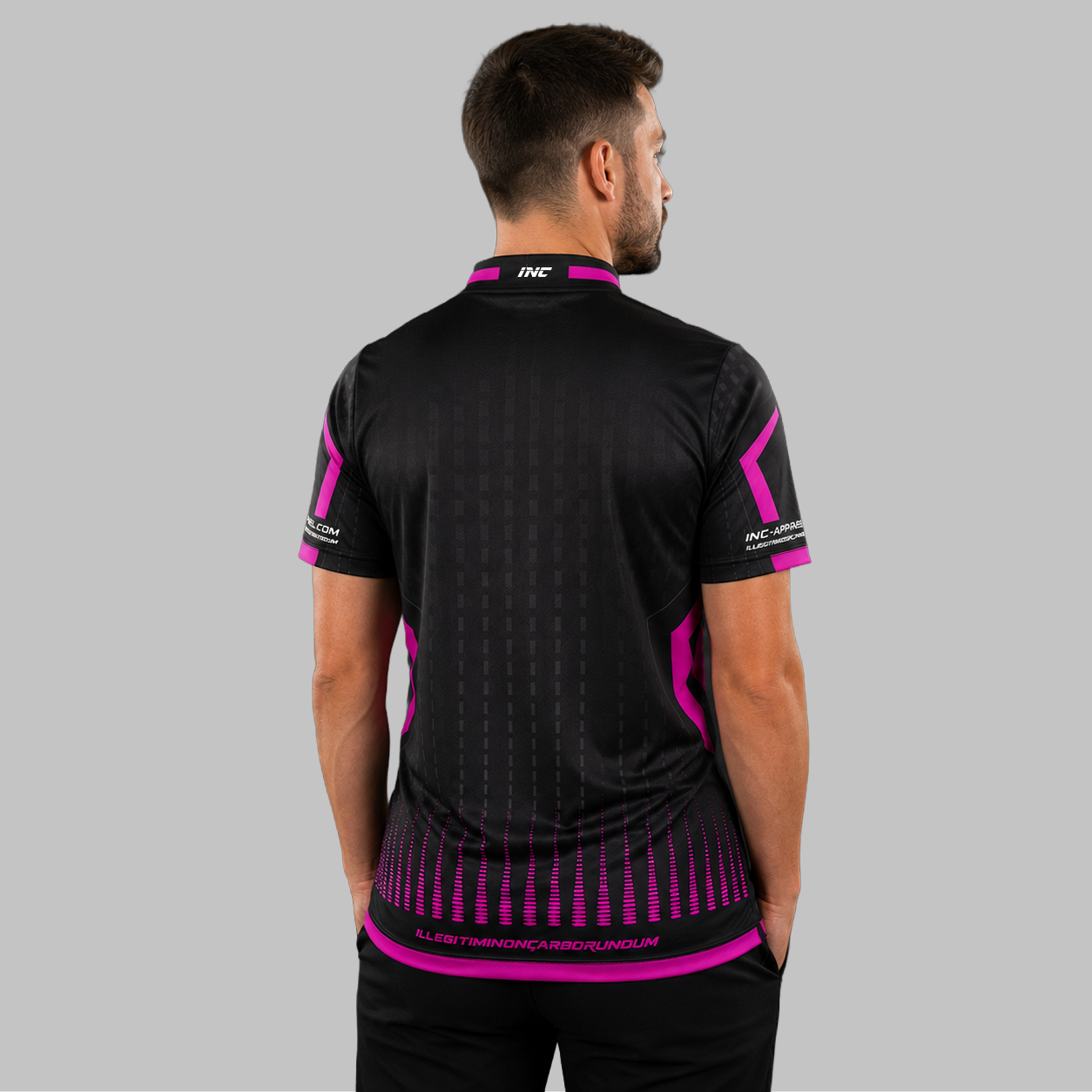 Back view of the Men and Youth Praecisio black and pink darts and pool shirt, showing the clean, continuous flow of the high-contrast graphic design across the shoulders.