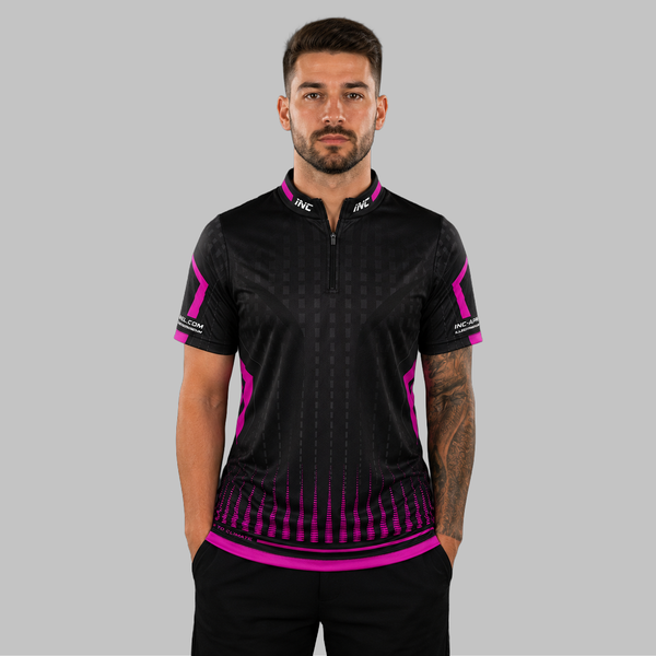 Front view of the Men and Youth Praecisio black and pink darts and pool shirt, showcasing the dynamic athletic jersey design with its sharp, vibrant geometric layout.