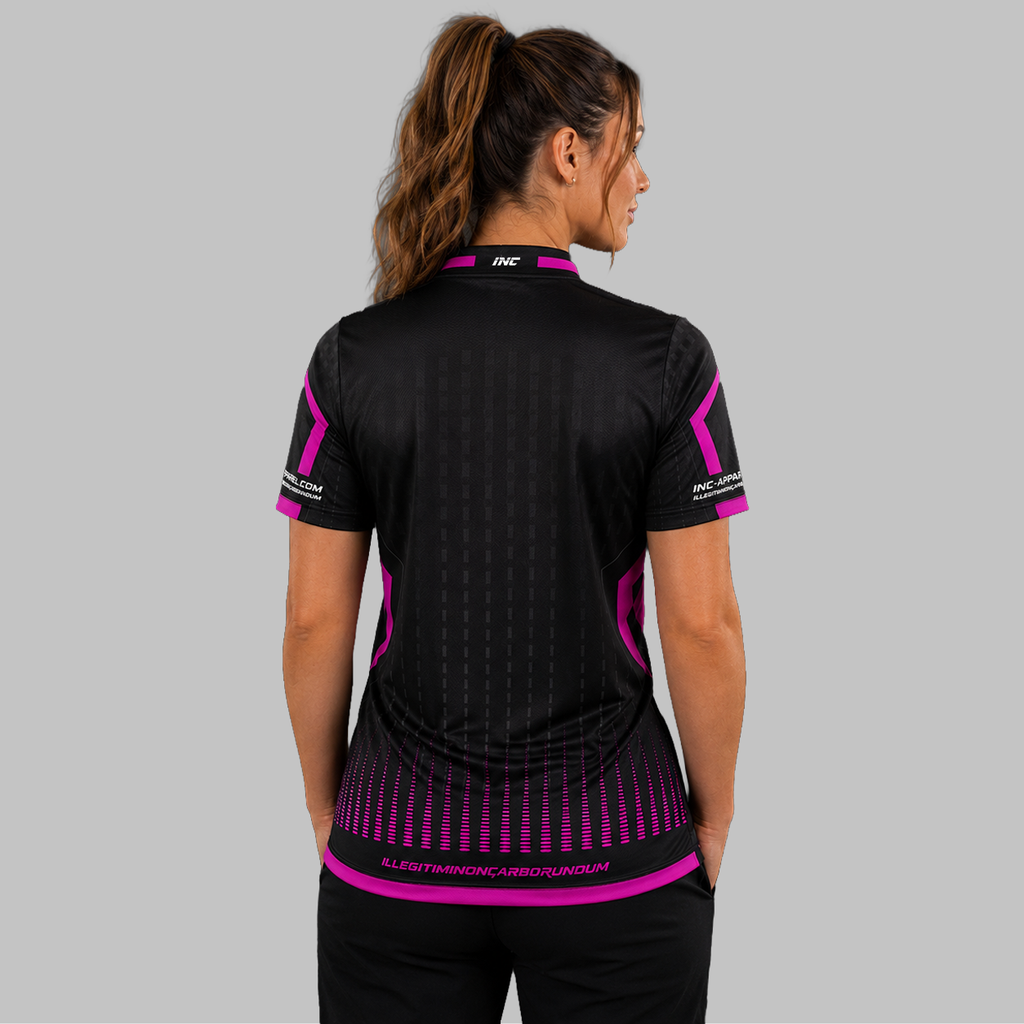 Back view of the Women's Praecisio black and pink darts and pool shirt, highlighting the seamless and clean continuation of the vibrant pink and black graphic pattern across the shoulders.